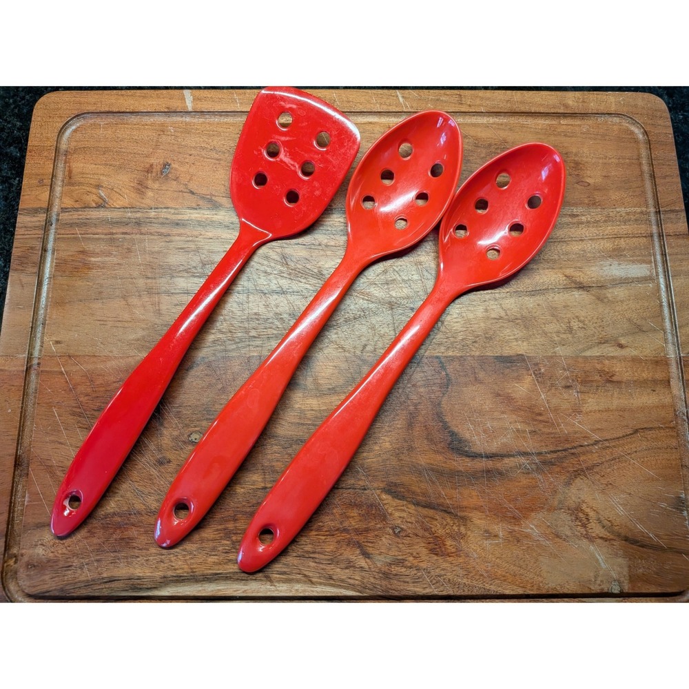 Vibrant Red Melamine Kitchen Utensil Set Slotted Spoons and Turner 3 Piece‎